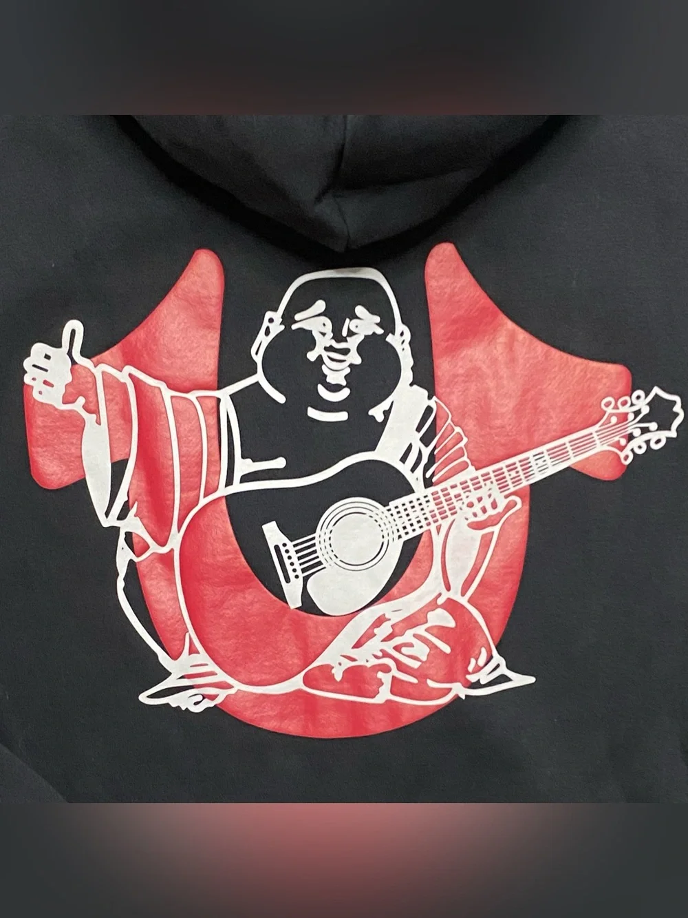 True Religion Black Overlap Buddha Guitar Horseshoe Logo Hoodie Sweatshirt XL